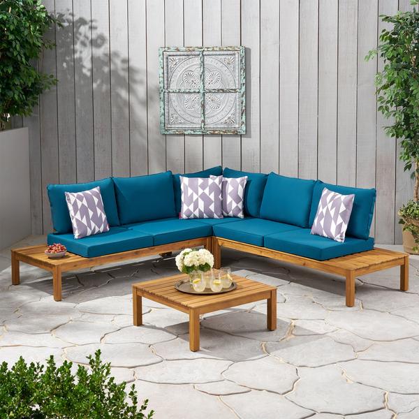 Outdoor 5 Seater V Shaped Acacia Wood Sectional Sofa Set With Cushions -