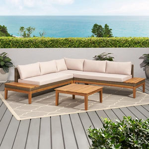 Outdoor Acacia Wood And Wicker 5 Seater Sectional Sofa Set With Water-Resistant Cushions -
