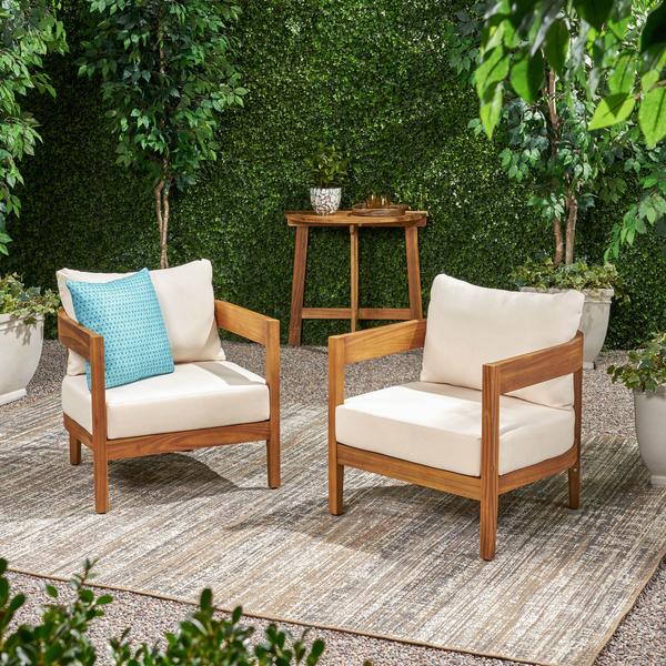 Outdoor Acacia Wood Club Chair With Cushions (Set Of 2) -