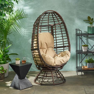 Outdoor Wicker Swivel Egg Chair With Cushion -