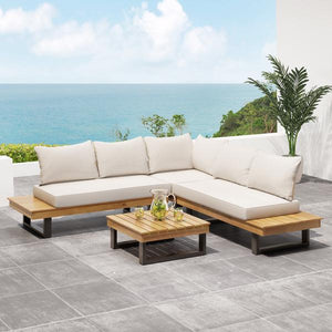 Outdoor Acacia Wood 5 Seater Sofa Sectional With Water-Resistant Cushions -